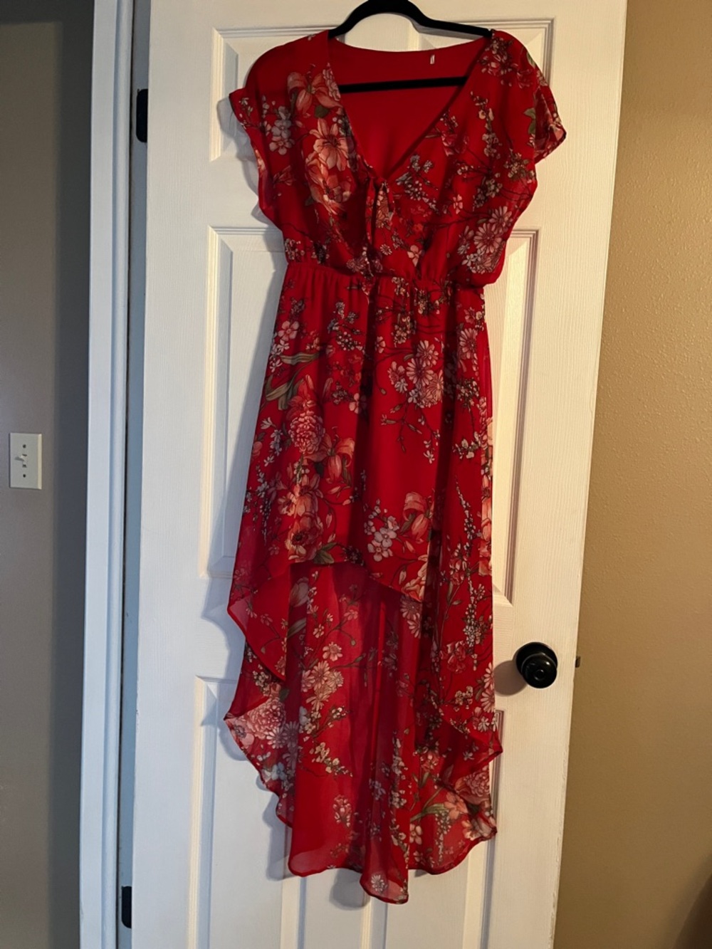 Red Floral High-Low V-Neck Women's Dress. Selling for DIL, no tag, probably med